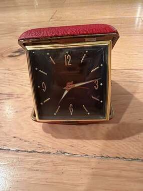 Vintage Phinney-Walker Travel Alarm Clock with Red Leather Folding Case
